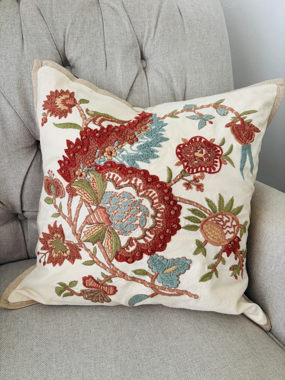 Pottery Barn Embroidered Floral Fall Pillow Cover 18x18